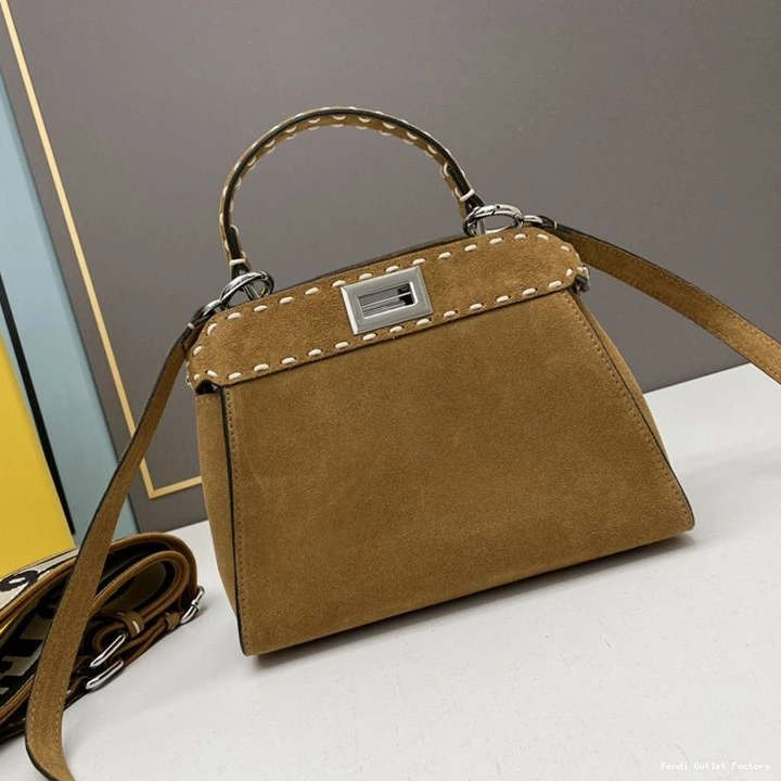 Vintage HOT Suede Fendi Stitching Mini Iconic Peekaboo Bag In Brown 0730